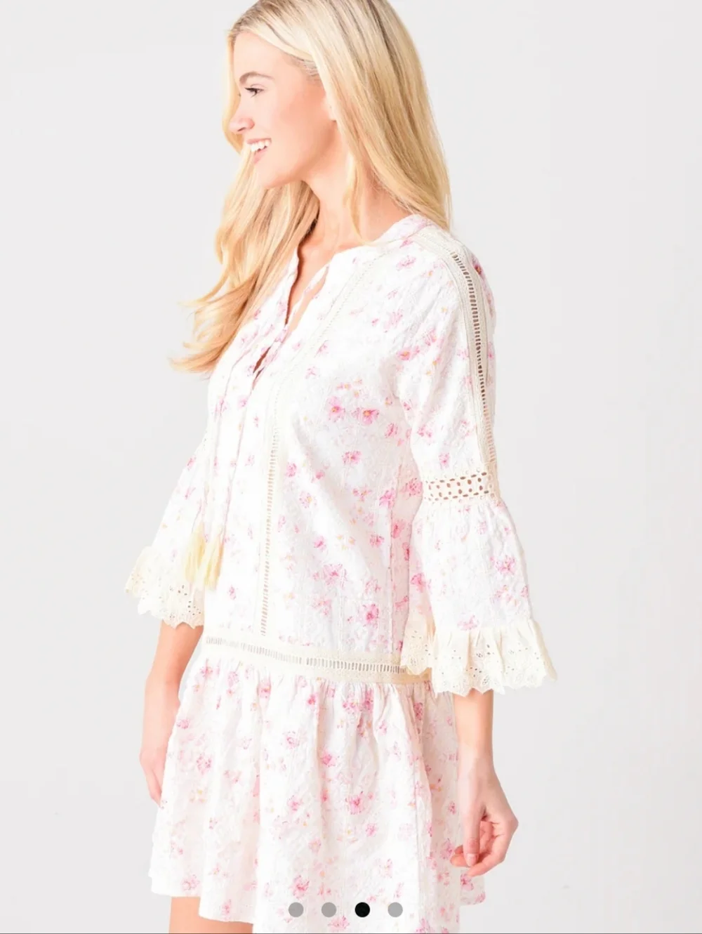 Embroidered Drop Waist Dress Eyelet Boho Floral Bell Sleeve Cottage Cream SIze L - Picture 3 of 15
